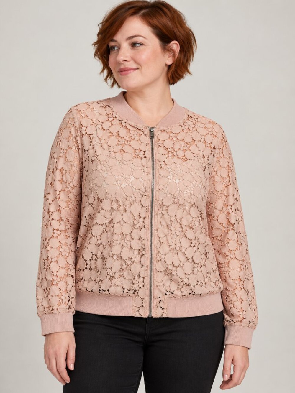 Torrid Pink Floral Lace Bomber Jacket Size 1 Zip Front Romantic Spring Style
